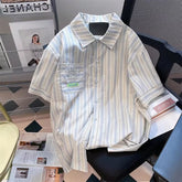 Short Sleeve Cute Dog Pocket Printed Striped Blouse Shirts